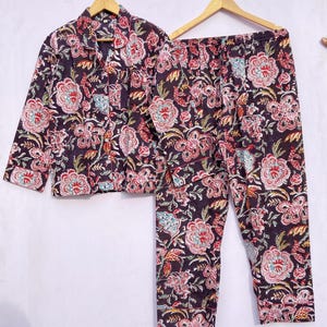 Hand Block Print Pajamas, Floral Pure Cotton Pj&#39;s, Pajamas Set ,Indian Cotton,Night Wear, Soft Cotton Night Suit,Gift for her