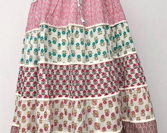 Handmade Patchwork Cotton Maxi Skirt, Bohemian Tiered Skirt