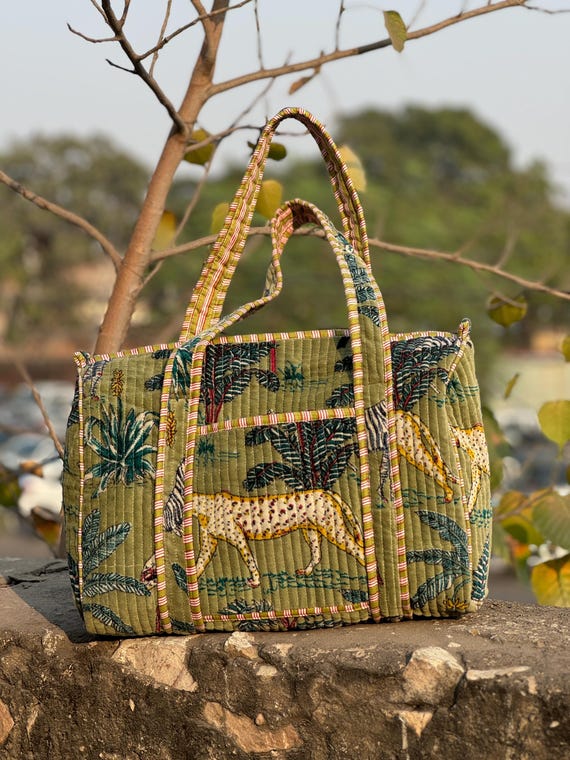 Quilted Velvet Duffle Bag: Handmade Printed Weekender Travel Bag