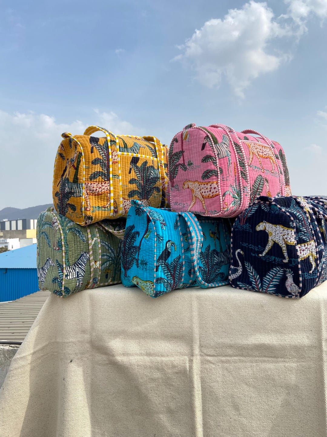 Quilted Velvet Duffle Bag: Handmade Printed Weekender Travel Bag