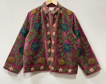 Luxurious Velvet Jacket, Hand Embroidered Velvet Suzani Jacket Boho Women's Boho Hippie Jacket One size fits All Embroidered Coat