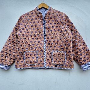 Cotton Women&#39;s Quilted Jacket Block Printed Boho Style Quilted Handmade Jacket, Coat Holidays Gift Button Closer Jacket For Women Gifts