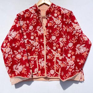 Indian Red Cotton Women&#39;s Quilted Jacket Block Print Bohemian Style Quilted Handmade Jackets, Coat Holidays Gifts Button Closer Jacket, Etc.