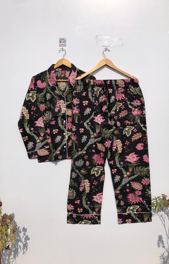 花柄コットンパジャマセット、ハンドブロックボヘミアンスリープウェア