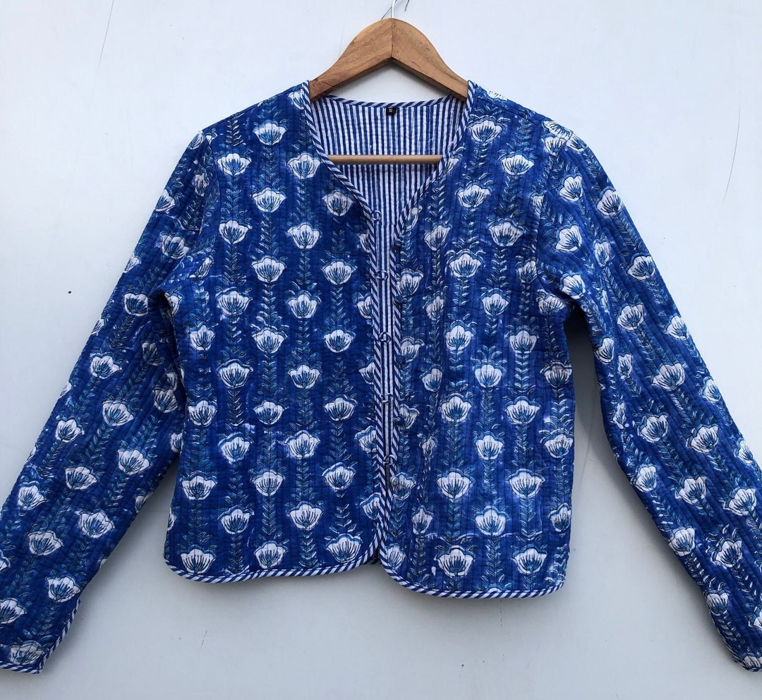 Royal Blue Quilted Jackets Cotton Floral Bohemian Style Fall Winter Jacket Coat Streetwear Boho