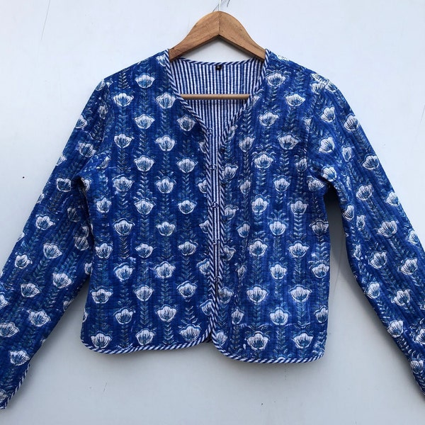 Royal Blue Quilted Jackets Cotton Floral Bohemian Style Fall Winter Jacket Coat Streetwear Boho Quilted Reversible Jacket for Women