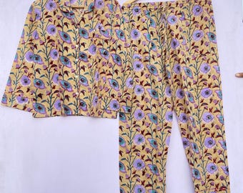 Hand Block Print Cotton Pajama Set, Women's Night Suit