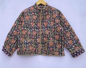 Giacca trapuntata in cotone con stampa floreale a blocchi - Cappotto boho fatto a mano