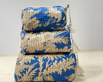 Handmade Quilted Cosmetic Bag Floral Block Print, Waterproof Line Makeup Bag