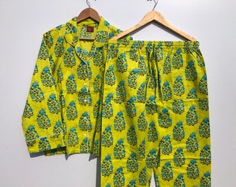Ensemble de pyjama en coton imprimé blocs de main, vêtements de nuit floraux