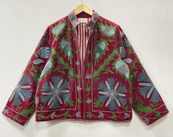 Hand Made Velvet Suzani Jacket, Handmade Short Jacket, Uzbek Embroidery Jacket, Women's Overcoat