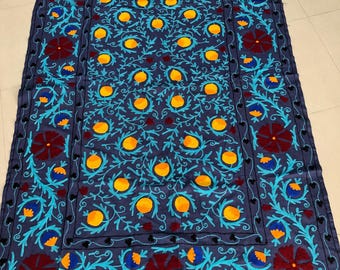 Hand Embroidered Suzani Bedspread, Bohemian Cotton Throw, Twin Blanket (60x90)