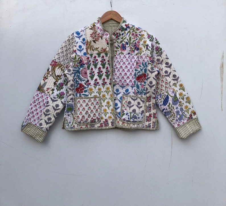 Patchwork Quilted Jackets Cotton Floral Bohemian Style Winter Jacket Coat Streetwear Boho Quilted Reversible Jacket for Women White