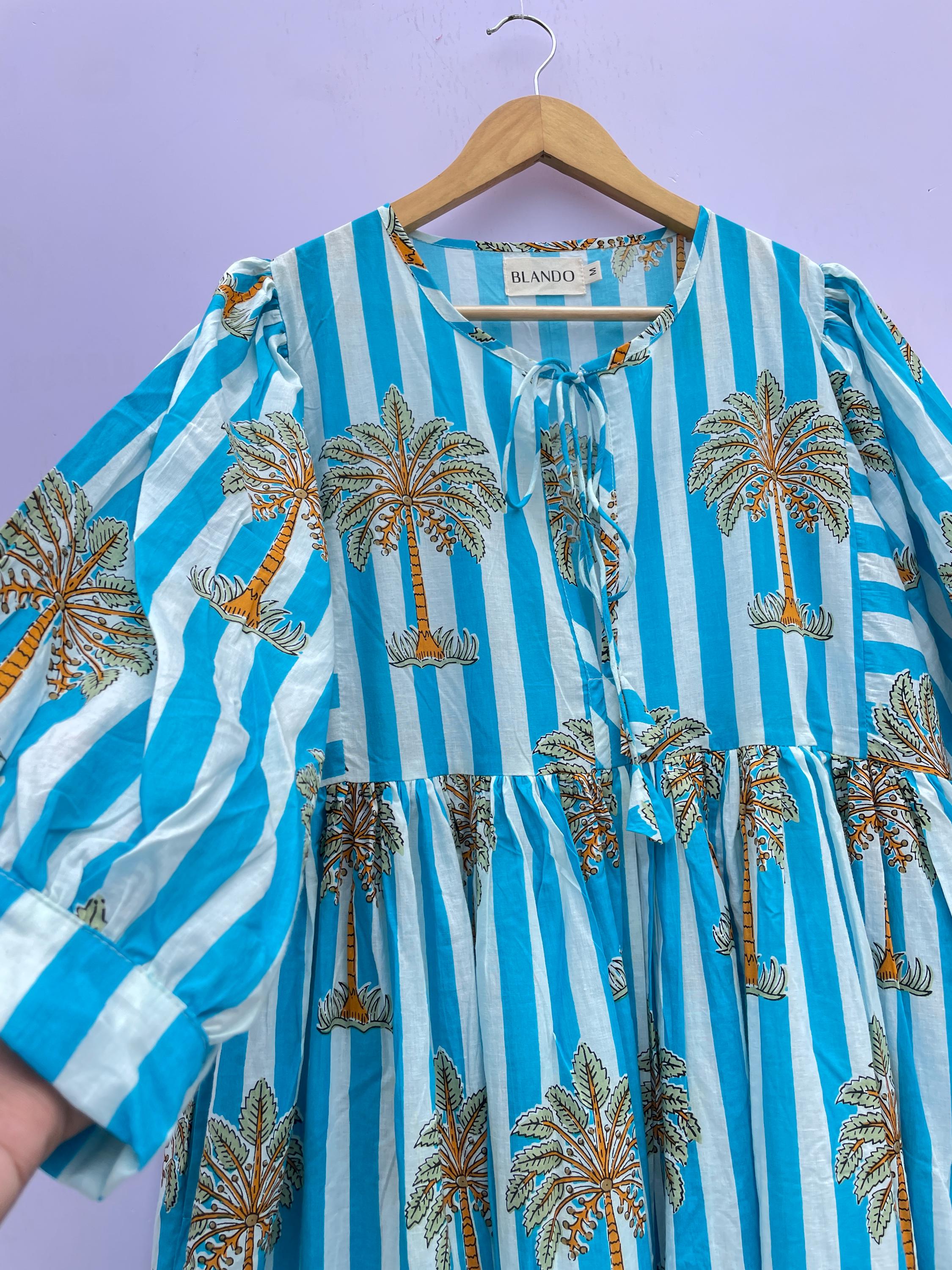 Block Print Cotton Midi Dress | Blue Striped Palm Tree Print - Etsy