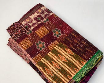 Colcha vintage de patchwork de sari, manta Kantha india hecha a mano, cubrecama bohemio