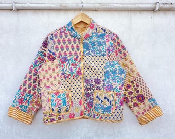 Patchwork Print Quilted Cotton Jacket: Handmade Bohemian Reversible Coat