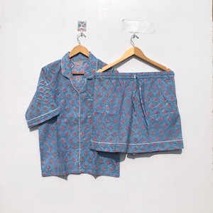 Blocktryckt bomullspyjamaset, handgjorda sommarkorta pyjamasar