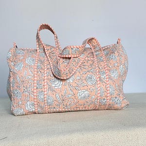 Quilted Duffle Tote Shoulder Patch Bag Cotton Handprint Floral Eco friendly Sustainable bag, Yoga Shopping Beach Artist Boho Weekend bag