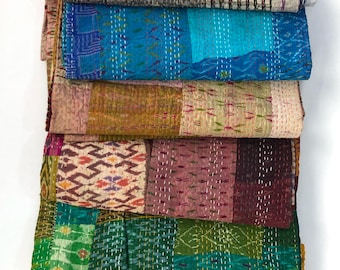 Vintage Indian Silk Kantha Quilt, Patola Patchwork Blanket, Bohemian Bedspread