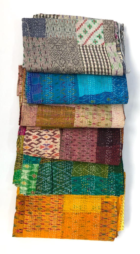 Vintage Indian Silk Kantha Quilt, Patola Patchwork Blanket, Bohemian Bedspread
