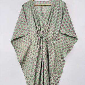 Indian Hand Block Print Floral Kaftan Dress, Women Long Caftan Dress, Beach Cover Up, Flower Block Print Sleepwear Maxi Dress, Loungewear