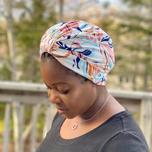 White and peach leaf print satin lined adult turban| Adult turban|Satin lining |Head wrap|Simple knot|Satin bonnet|Baby turban headband