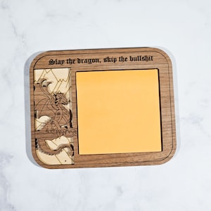 Sticky note holder, funny Post It holder, dragon decor, geeky desk accessories, slay the dragon, side quests, sweary gift, nerd present