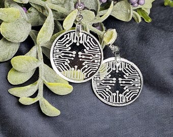 circuit board earrings, geeky jewelry, cyberpunk earrings, nerdy gift for engineers, computer science jewelry, gamer earrings