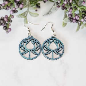 Handpainted Wooden Lotus Earrings, Blue Rustic Jewelry, Yoga Gift