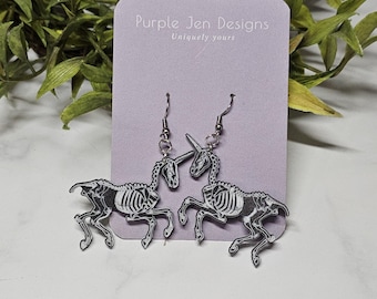 Skeleton Unicorn Dangle Earrings, Spooky Halloween, Acrylic Jewelry