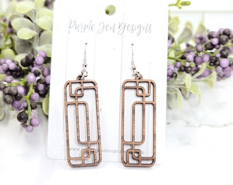 Wooden dangle art deco earrings, unique wood earrings,  mothers day gift for mom, geometric lightweight earrings, vintage inspired for her