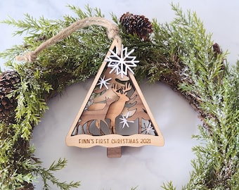 Baby's first Christmas ornament, Deer ornament, nature christmas decor, gift for new baby, personalized, rustic christmas decor, wood
