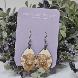 highland cow earrings, rustic wooden drop dangle, engraved west highland cow jewelry, boho western style earrings, unique animal gift