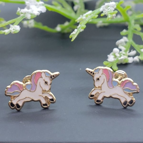 14K Solid Gold • Unicorn Enamel Resin • Screw Backs • Cute Flat Earrings • Girls / Kids Earrings