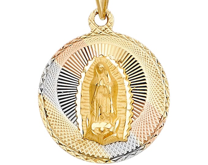 14k Gold 3 Tone Virgin Mary Lady Guadalupe Pendant Religious Charm Oval Tri Color 5 sizes available