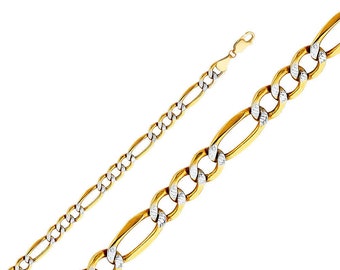 Figaro Chain White Pave  Real 14K Gold Hollow Figaro Chain White Pave  2.00mm -5.00 mm  Mens Women 16 " -24 "