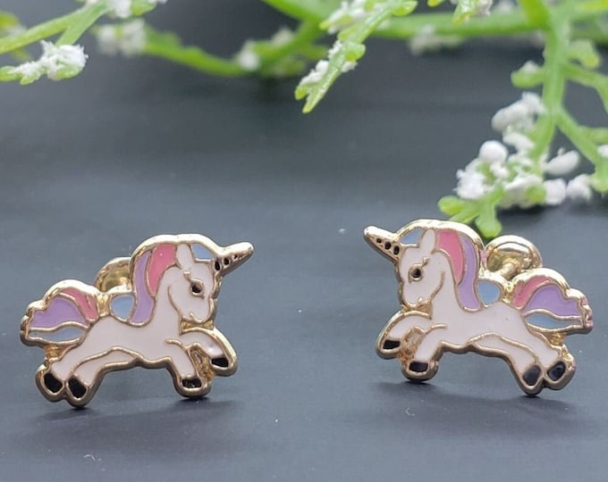 14K Solid Gold • Unicorn Enamel Resin • Screw Backs • Cute Flat Earrings • Girls / Kids Earrings