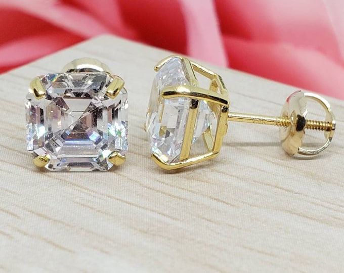 Asscher 1.00 Ctw - 4.00 Ctw • Asscher Cut •14K Solid White , Yellow Gold Earring  • With Secure Backing