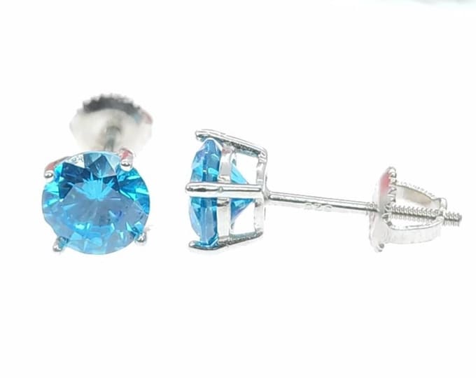 Solid 925 Sterling Silver 3 mm-8mm Round Solitaire With Blue Topaz Screw Backing CZ  or Genuine Blue Topaz