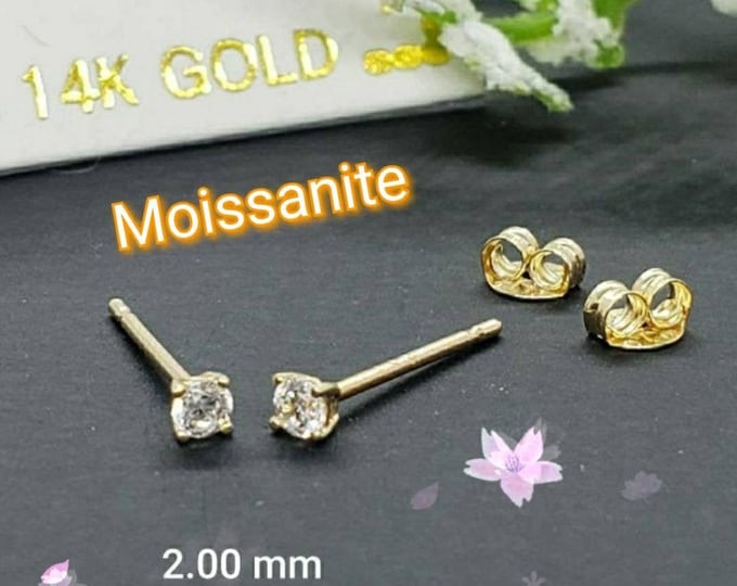 Moissanite  14K Solid Gold , 1.00 mm - 2.00 mm Teeny Tiny dainty Small minimalist earrings studs Low Basket Thin Post