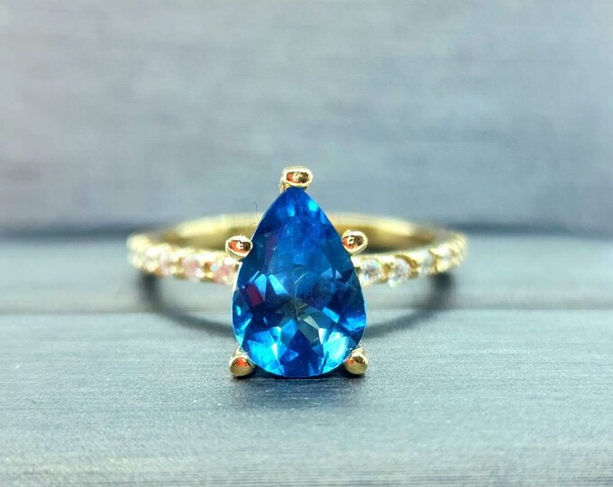 LONDON Blue 2 ctw with Moissanite  14K Solid Gold Tear Drop Cut Pear Shape Engagement Rings.