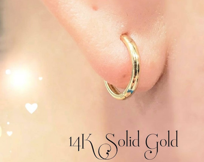 14k Solid Yellow Gold • Round Tube Huggie Hoop Earring Round Hinge Plain Design Polished  •  4 Sizes Available 10 mm -15 mm •