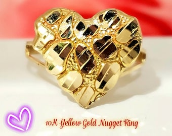 Genuine Real 10K Yellow Gold Double Line Design Heart Shape Nugget Ring