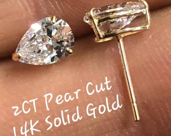 14K Solid White or Yellow Gold •  Tear Drop Pear Cut • 2 -3 CTW Moissanite pass diamond tester • Push Backs • Women's Earrings