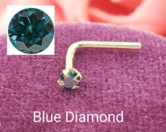Genuine Real Blue Diamond Nose Stud 14K Solid Gold in  L-Shaped Ends, 22GA 20 GA 18GA, Real Genuine Natural Blue Diamond, Nose Ring.