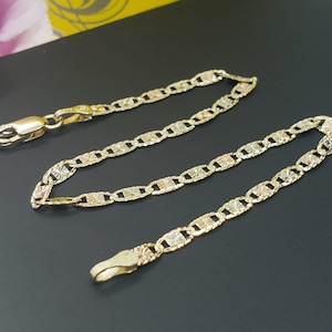 14K Solid Real Yellow Gold 3 Tone Color  2.60 mm 3.30mm Valentino DC Chain  7&quot; - 9&quot; Bracelet , Women&#39;s Men&#39;s