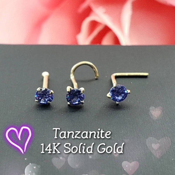 Tanzanite 14K Solid Gold 100% Real Gold ,  Nose Stud, Micro Nose, Screw Nose Stud, Ball end Or L-Shaped Choice of CZ or Natural Tanzanite