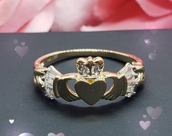 14K Real Yellow Gold  Claddagh Irish Love Rings with Gemstones , Graduation/Bridesmaids/Birthday/Wedding/Shower ,