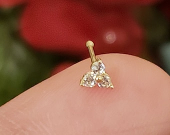 14K Solid Gold , Ball Ends Nose Stud, Triangle Diamond Nose Stud,  Nostril Piercing White or Yellow Gold