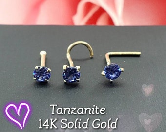 Tanzanite 14K Solid Gold 100% Real Gold ,  Nose Stud, Micro Nose, Screw Nose Stud, Ball end Or L-Shaped Choice of CZ or Natural Tanzanite